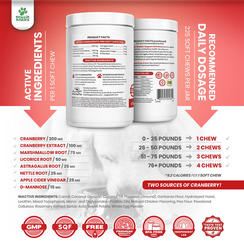 Doggie Dailies Cranberry Supplement for Dogs, 225 Soft Chews, Urinary Tract, Bladder & Kidney Support for Dogs, Cranberry for Dogs with Marshmallow Root, Licorice Root & Apple Cider Vinegar Bacon - BeesActive Australia