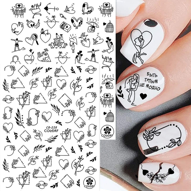 6 Sheets Black Nail Art Stickers Decals,self adhesive Abstract Image Avatar Word Love Heart leaf Letter Design For Acrylic Nail Supplies,Fashion DIY Nail Decoration - BeesActive Australia