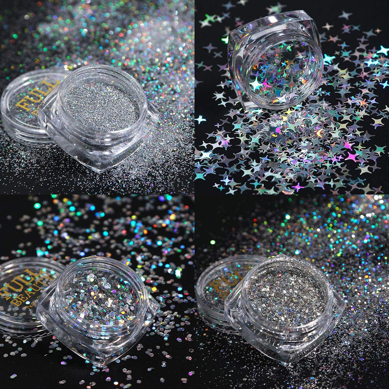 Holographic Nail Art Sequins Glitter Kits, KISSBUTY 8 Boxes Holographic Nails Powder Nail Art Sequins Metallic Shining Flakes Silver Nail Glitter Set for Nails Art Decoration Holographic Manicure - BeesActive Australia