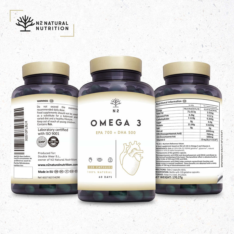 Omega 3 Fish Oil 2000mg Capsules. Super Strength | 700mg EPA + 500mg DHA per Daily Serving | Supports Normal Heart, Brain & Vision Function. Heavy Metal Free. 120 Softgel | N2 Natural Nutrition - BeesActive Australia
