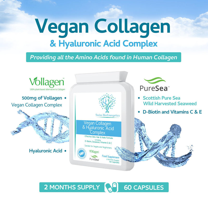 Vegan Collagen & Hyaluronic Acid Complex - 60 Capsules - Effective Skin, Hair & Nails Formula with 500mg of Vollagen in the exact Amino ratios of Human Collagen - added D-Biotin, Seaweed, Vitamins E&C - BeesActive Australia