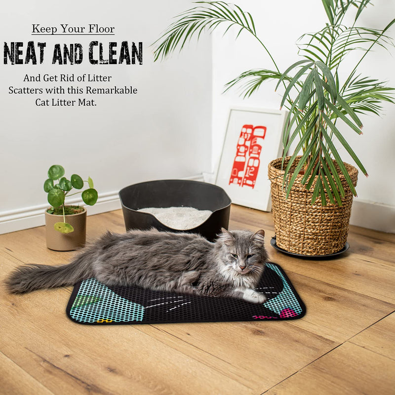 FOREVERPETSUPPLIES Cat Litter Mat 24"x16", Litter Box Mat Large, Double Layer Litter Trapping Mat, Water & Urine Proof Kitty Litter Mat for Litter Box, Colorful Kitty Design Cat Mat Black - BeesActive Australia