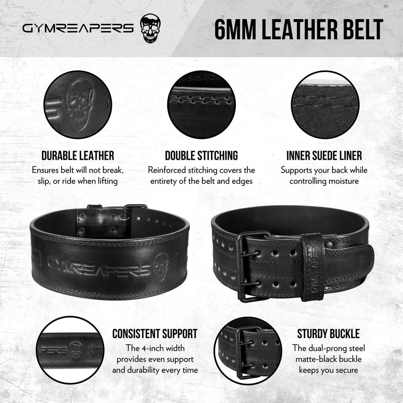 Gymreapers Weightlifting Belt 6MM Genuine Leather - Double Prong Power Belt Heavy Duty 4-Inch Wide - Strong, Stabilizing Back Support for Deadlifts, Squats Powerlifting Black X-Small - BeesActive Australia