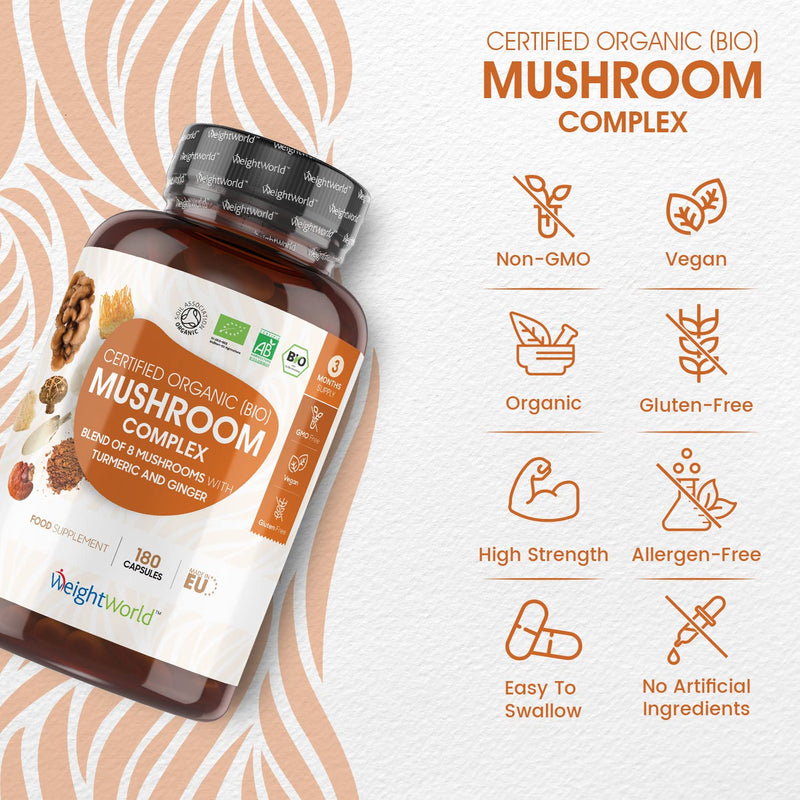 Organic Mushroom Complex 8-180 Capsules - 1000mg - Lion's Mane and 7 Mushroom Blends (Reishi, Chaga, Cordyceps, Shitake, Oyster, Maitake & Coprius) - Added Turmeric & Ginger - Vegan Capsules - BeesActive Australia