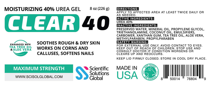 CLEAR 40, 40% Urea Gel, 8 oz w/Tea Tree & Coconut Oil, Aloe Vera Extract, Works on Calluses & Corns, Moisturizes & Softens Cracked Heels, Feet, Elbows, Hands, Nails, Superior Hydration to Urea Creams - BeesActive Australia