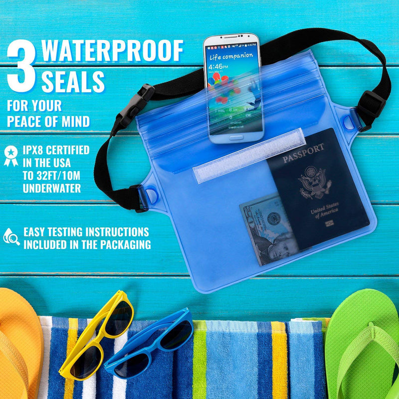 [AUSTRALIA] - GLBSUNION Waterproof Pouch Dry Bag with Waist Strap (2 Pack), Best Way to Keep Your Phone and Valuables Safe/Dry, Perfect for Boating Swimming Snorkeling Kayaking Beach Pool Fishing Water Parks Black, Blue 