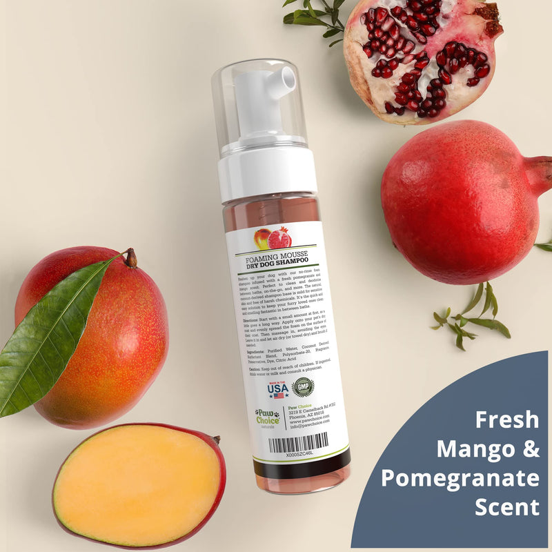 Paw Choice Dry Dog Shampoo - Waterless Dog Shampoo, No Rinse Foam Mousse for Removing Odor and Bathless Cleaning of Coat - Natural Dry Shampoo for Dogs - Made in USA Mango & Pomegranate - BeesActive Australia