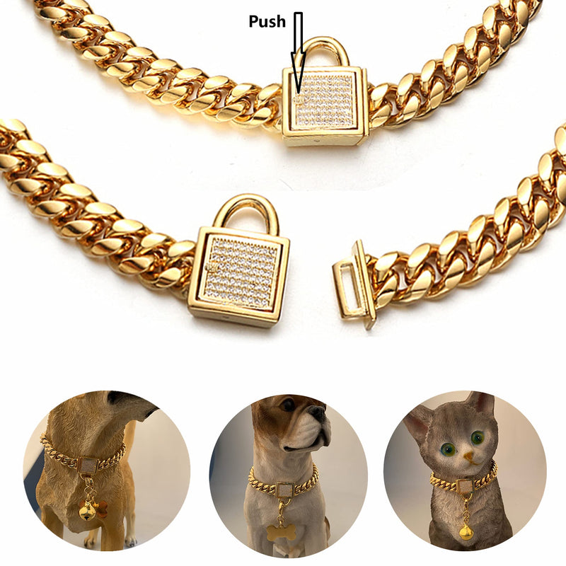Aiyidi Gold Dog Chain Collar 10mm Wide Cuban Link Puppy Collar Golden Dog tag Golden Bell Stainless Steel with Bling Cubic Zirconia Secure Buckle Choke Collar for Dogs(10'') 10inch(for 8-9.5inch dog's neck) - BeesActive Australia