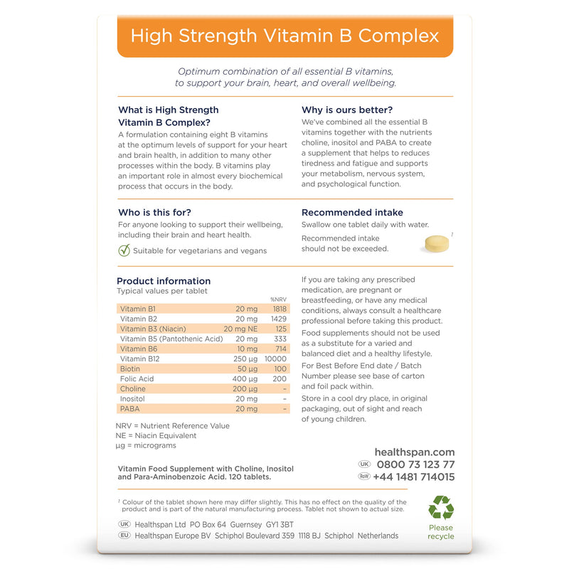 Healthspan High Strength Vitamin B Complex (120 Tablets) | High Levels of All 8 B-Complex Vitamins | Supports Brain & Heart Health | Immune Health | Reduces Tiredness & Fatigue | with Choline | Vegan - BeesActive Australia