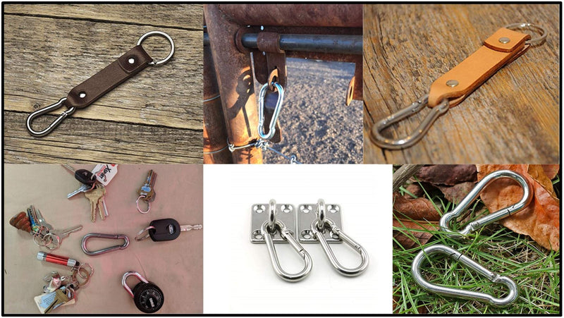 Branded Boards Heavy Duty Bushcraft Stainless Steel Carabiner Spring Snap Clip Link Hooks. 200-400lb Load. 6 Packs 12 Packs 5cm-6-pack - BeesActive Australia