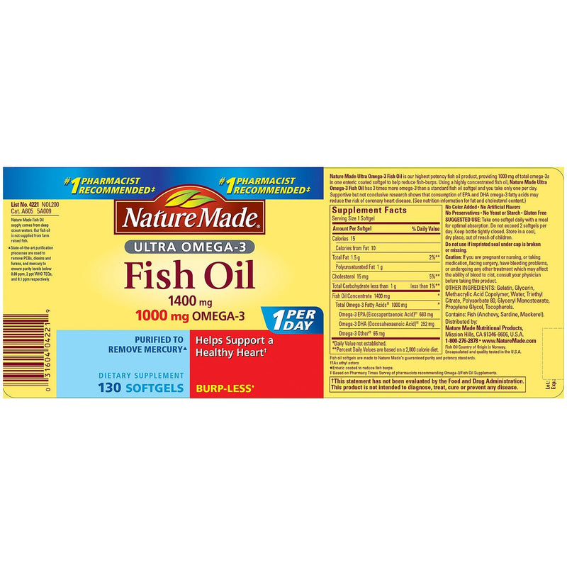 Nature Made Ultra Omega-3 Burpless Fish Oil 1400 mg Softgels w. Omega 3 1000 mg, 130 Count - BeesActive Australia
