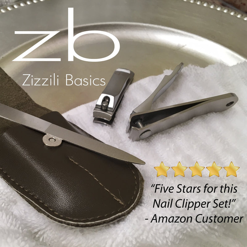 Nail Clippers by Zizzili Basics - 3 Piece Nail Clipper Set - Stainless Steel Fingernail & Toenail Clippers with Nail File and Brown Travel Case - Best Nail Care for Men, Women, Manicure & Pedicure Fingernail, Toenail & File Brown Case - BeesActive Australia