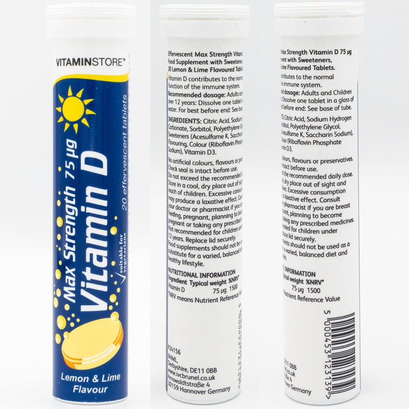 Vitamin Store Vitamin D Effervescent Tablets, 3 Packs of 20 High Strength Vitamin D Supplement - Max Strength 75ug - Lemon & Lime Flavoured Vegan Tablets To Support Bone Health & Healthy Immune System 1 Count (Pack of 3) - BeesActive Australia