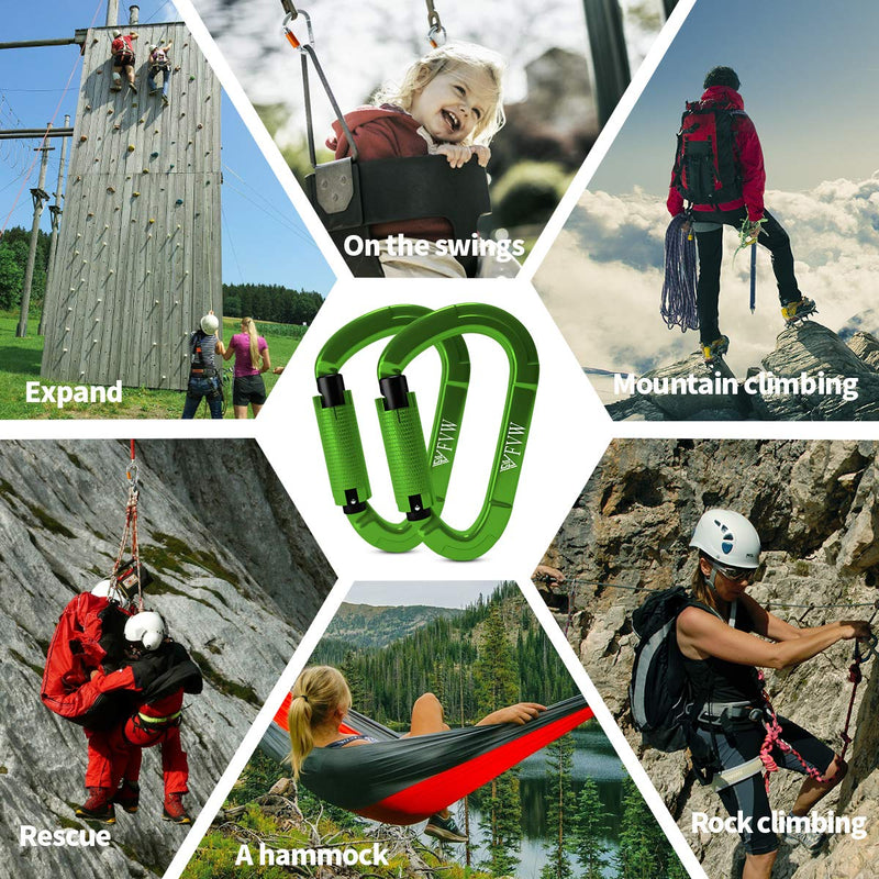 FVW Auto Locking Rock Climbing Carabiner Clips,Professional 25KN (5620 lbs) Heavy Duty Caribeaners for Rappelling Swing Rescue & Gym etc,Large Carabiners,D-Shaped 2pcs-green - BeesActive Australia