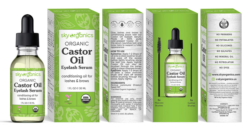 Organic Castor Oil Eyelash Serum by Sky Organics (1 oz) USDA Organic Cold-Pressed 100% Pure Castor Oil Natural Eyelash Serum Hexane-free Castor Oil with Mascara Brushes for Eyelashes and Eyebrows 1 Fl Oz (Pack of 1) - BeesActive Australia