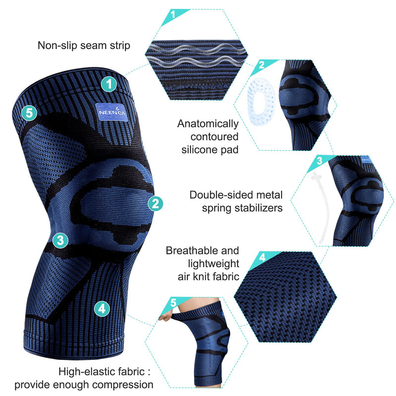 NEENCA [2 Pack] Knee Brace, Knee Compression Sleeve Support with Patella Gel Pad & Side Spring Stabilizers, Medical Grade Knee Protector for Running, Meniscus Tear, Arthritis, Joint Pain Relief, Sport Dark Blue (pack of 2) Large - BeesActive Australia
