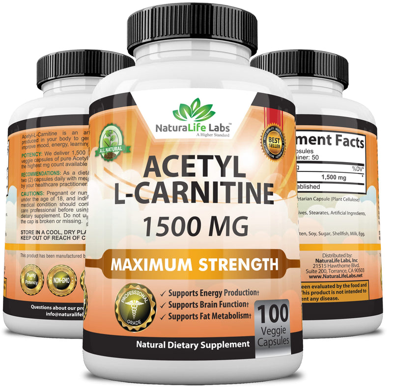 Acetyl L-Carnitine 1,500 mg High Potency Supports Natural Energy Production, Sports Nutrition, Supports Memory/Focus - 100 Veggie Capsules - BeesActive Australia