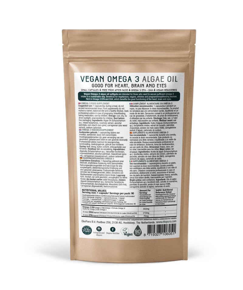 Ekopura Vegan Omega 3 Algae Oil 90 Capsules (280mg) | 210mg DHA + 70mg EPA Per Capsule | Support Brain, Eye & Heart Health | Plant-Based Alternative to Fish Oils | 3 Months Supply (1 Capsule Per Day) - BeesActive Australia