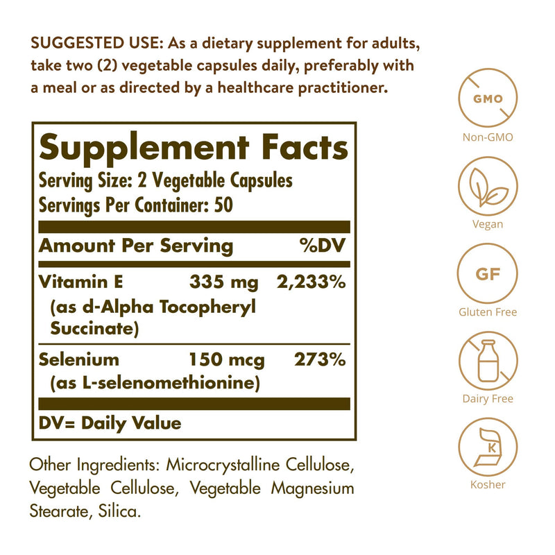 Solgar Vitamin E with Yeast Free Selenium Vegetable Capsules - Pack of 100 - Hair and Nails - Vegan - BeesActive Australia