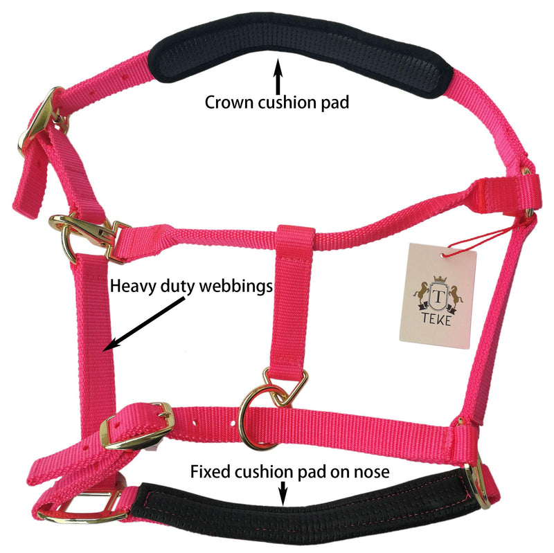 T TEKE Adjustable Horse Halters by Heavy Duty Soft Nylon, Padded with Anti-rubbing Waffle Neoprene on Both Crown & Nose Pink Cob (M) - BeesActive Australia