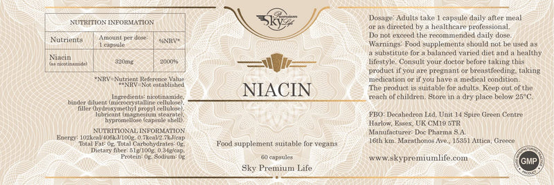 Sky Premium Life Vitamin B3 - 60 Niacin B3 Capsules for Support of Energy and Nervous System Functions | Vegan Vitamin B3 Nicotinamide 320mg Fatigue and Tiredness Supplements | 2 Month Supply - BeesActive Australia