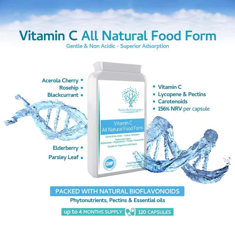 Natural Vitamin C 120 Capsules � Optimum Absorption All-Natural Food Form - Gentle & Non-Acidic - Packed with Bioflavonoids, Pectins, Essential Oils & phytonutrients - NO Synthetic ascorbic Acid - BeesActive Australia