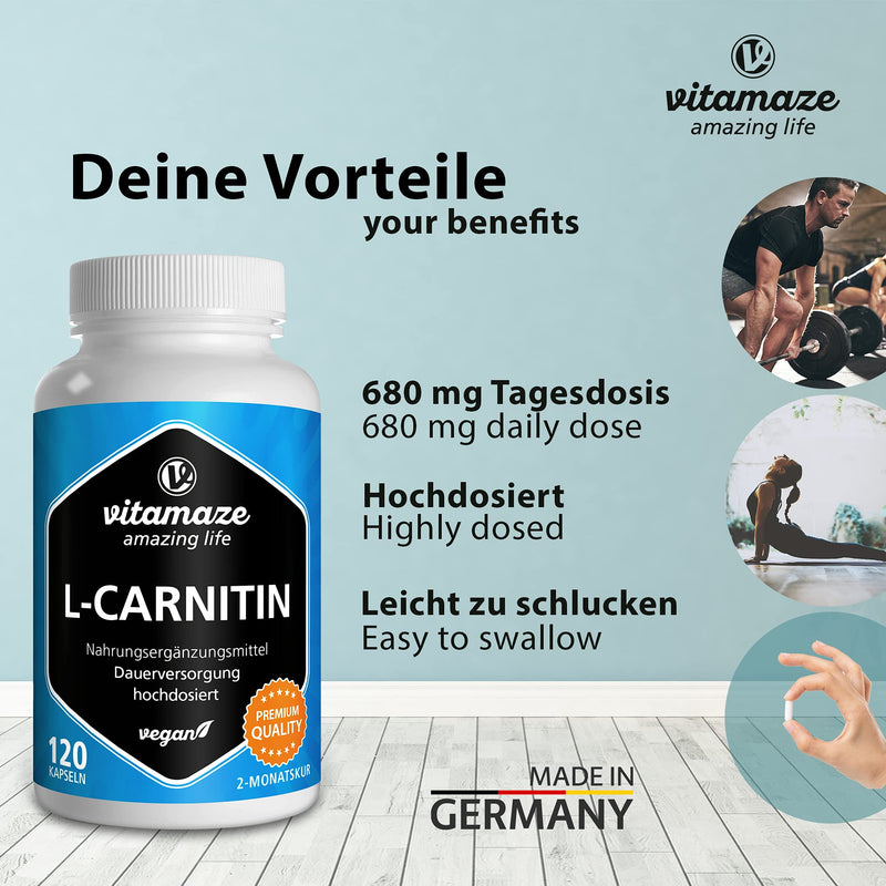 L-Carnitine High Strength & Vegan, 680 mg Pure L-Carnitine per Day, 120 Capsules for 2 Months, Natural & Organic Supplement Without Additives - BeesActive Australia