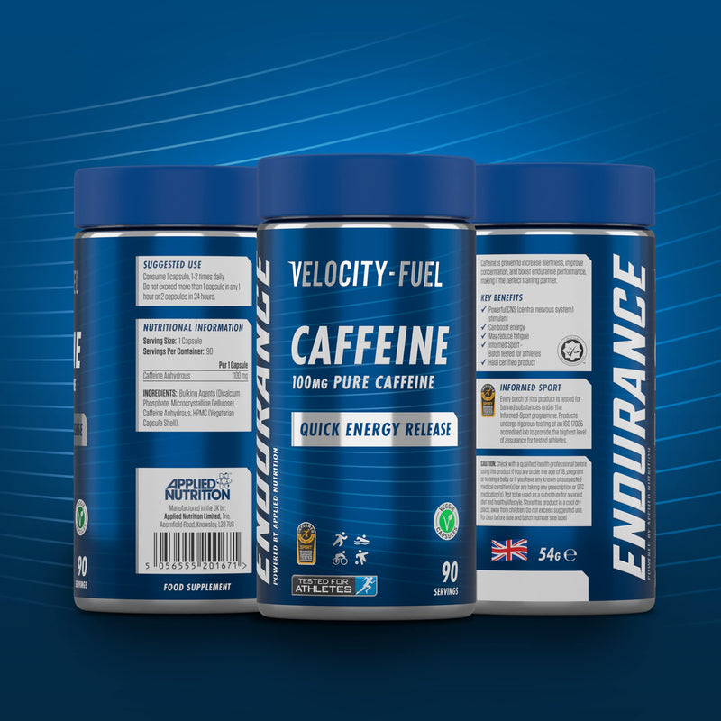 Applied Nutrition | Endurance Caffeine Capsules 100mg - Velocity-Fuel Caffeine, Quick Energy Release, Increase Alertness, Concentration, Boost Endurance Performance, Veggie Capsules, 90 Servings - BeesActive Australia