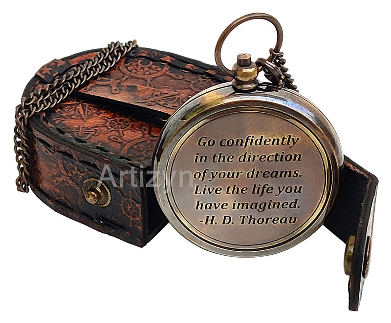 Thoreau's Go Confidently Quote Engraved Brass Compass with 25 Inches Long Chain & Leather case, Copper Dial Compass Locket Compass Camping Compass, Boating Compass, Gift Compass, Graduation Day Gifts - BeesActive Australia