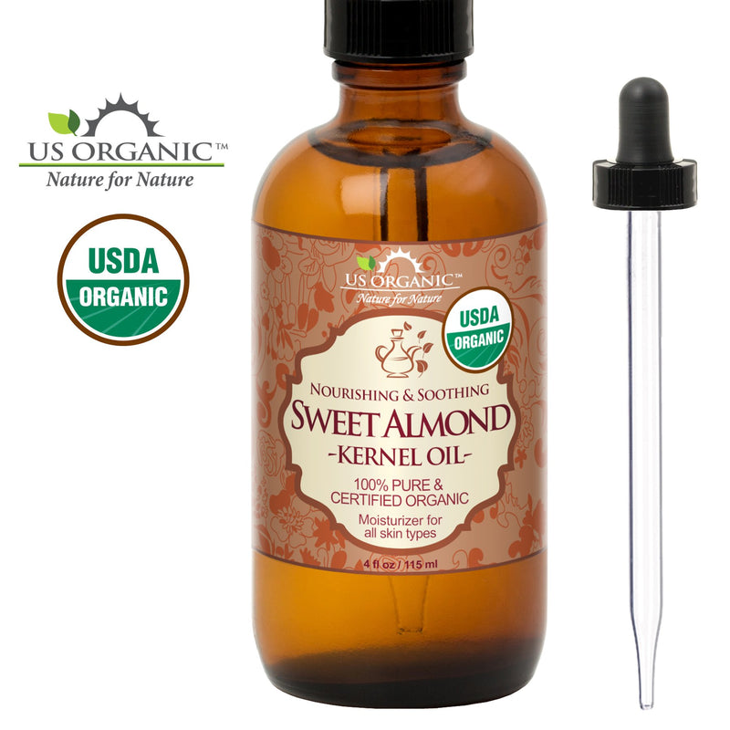 New_US Organic Sweet Almond Kernel Oil, USDA Certified Organic,100% Pure & Natural, Cold Pressed Virgin, Unrefined in Amber Glass Bottle w/Glass Eyedropper for Easy Application (4 oz (115 ml)) 4 Fl Oz (Pack of 1) - BeesActive Australia