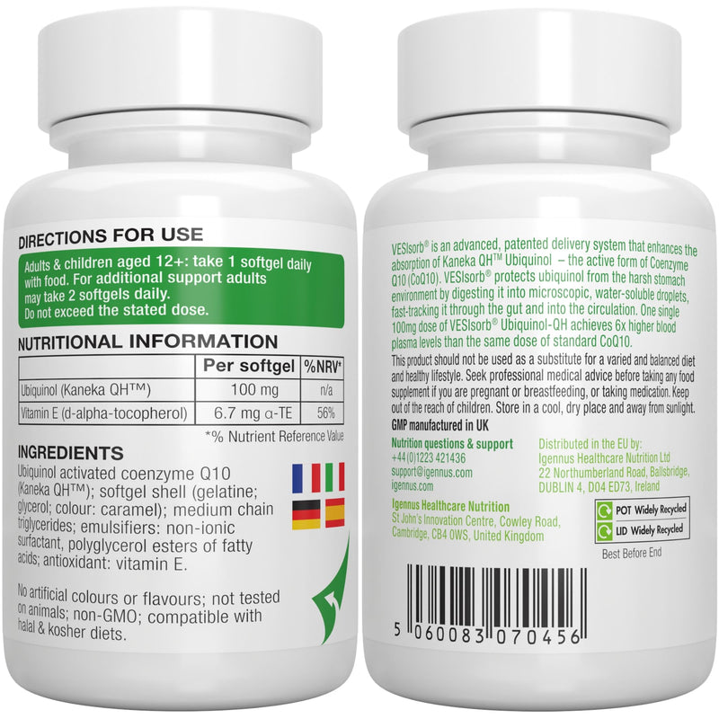 VESIsorb Ubiquinol-QH Advanced Fast-Acting Coenzyme Q10-100 mg, 30 Softgels, Water-Soluble Kaneka QH Ubiquinol CoQ10 Supplement Ideal for Heart Health, Energy, Fertility, 1 Month Supply, by Igennus 30 Count (Pack of 1) - BeesActive Australia