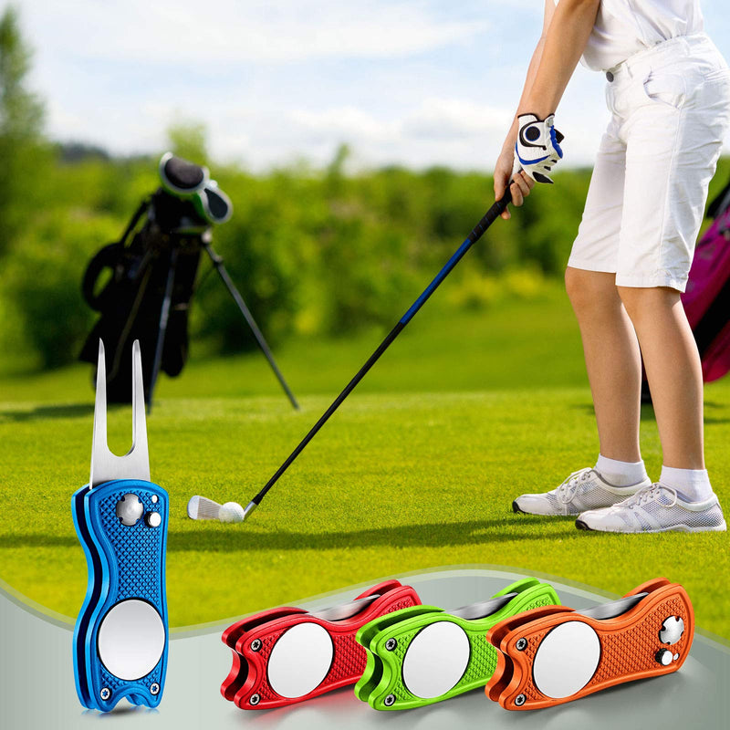 4 Pieces Golf Repair Tool Stainless Steel Foldable Golf Divot Tool Magnetic Golf Pop up Button Tool Golf Ball Marker Red, Blue, Lime Green, Orange - BeesActive Australia