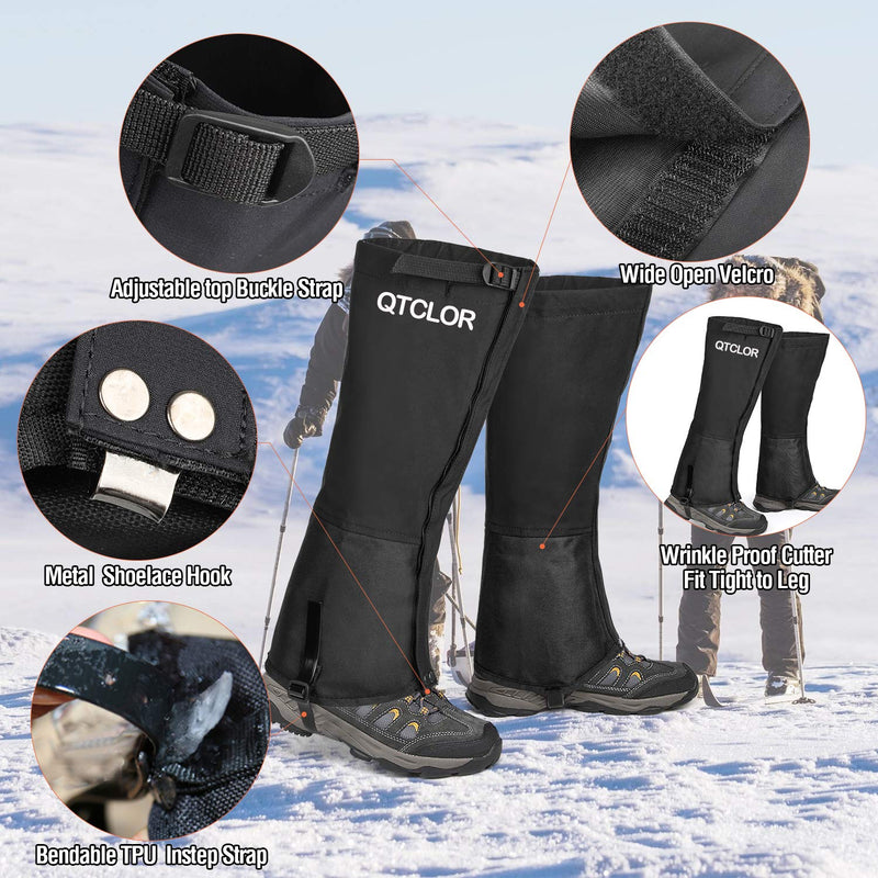 QTECLOR Leg Gaiters Waterproof Snow Boot Gaiters for Snowshoeing, Hiking, Hunting, Running, Motorcycle Anti-Tear Oxford Fabric, TPU Instep Belt Metal Shoelace Hook for Outdoor Black Medium - BeesActive Australia