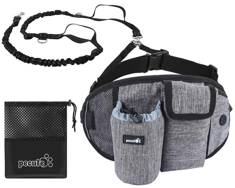 Pecute Hands Free Dog Leash with Multi Pouches, Strong Shock Absorbing Bungee Dog Leash with Reflective Stitches, 2 Handle Dog Waist Belt Leash for Running Hiking Walking Large Gray - BeesActive Australia