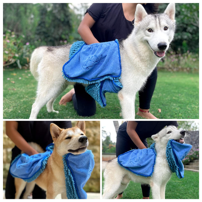 Tuff Pupper Large Dog Shammy Towel | Ultra Absorbent | Durable 35 x 15 Size for Dogs of All Breeds | Quick Drying Chenille Fabric | Designed for Indoor and Outdoor Use | Machine Washable X-Large (Pack of 1) Blue - BeesActive Australia