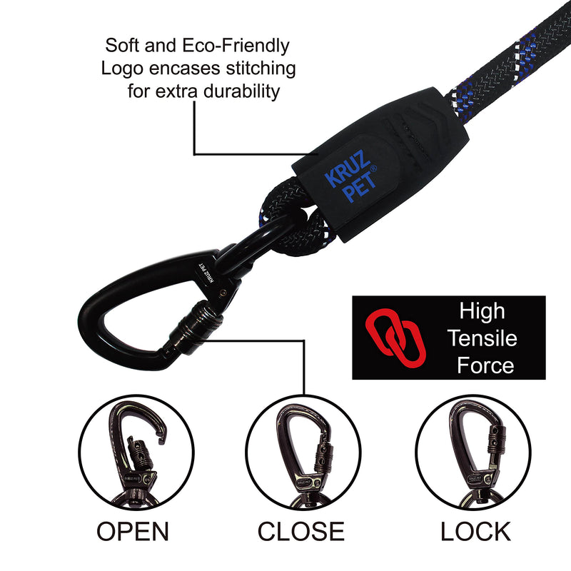 Kruz Reflective Dog Leash -KZROPE5048/5060 - Soft Silicone Grip with Click & Lock Snap - Walking, Running and Pet Training - Heavy-Duty, Durable Rope - Security, Safety, Control, and Comfort 1/2" x 5 FT Black - BeesActive Australia