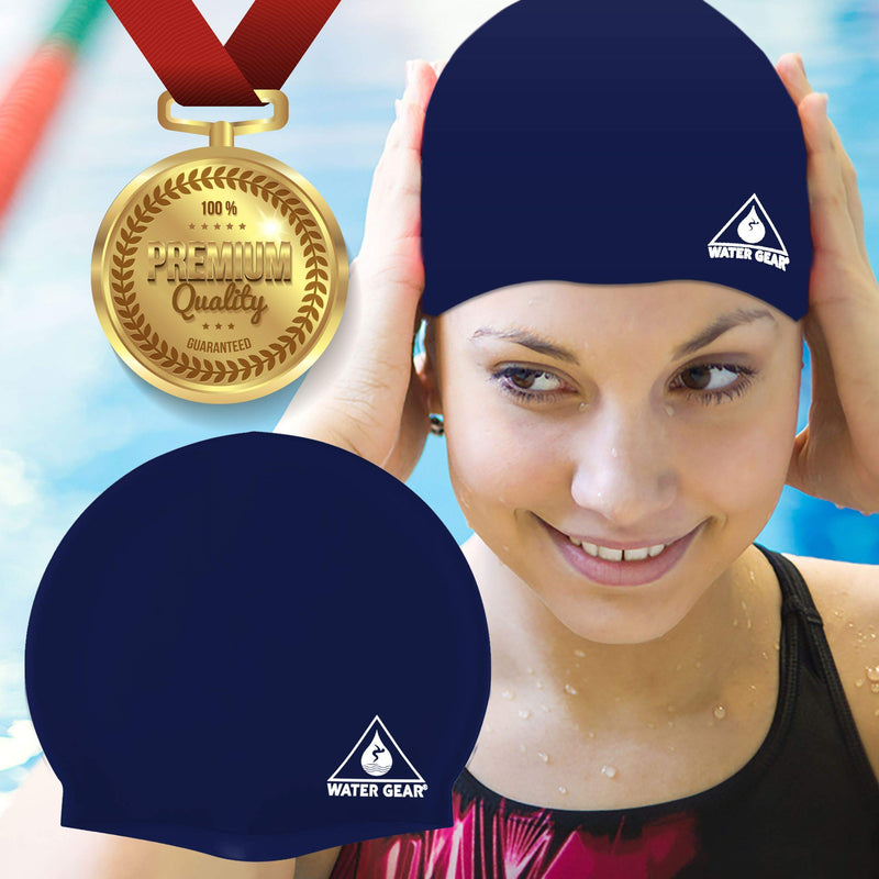 Water Gear Silicone Adult Swim Cap - Flexible Unisex Waterproof - Great for Short and Long Hair - Improve Your Performance - Women Men and Teens -Triathlon Swimmers and Athletes Navy - BeesActive Australia