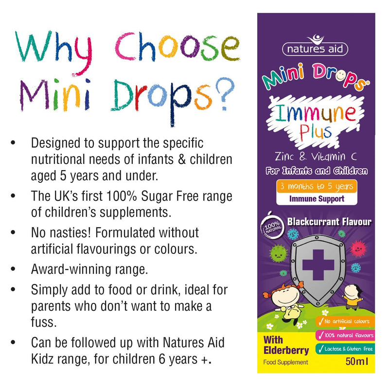 Natures Aid Immune Plus Mini Drops for Infants and Children, No Added Sugar, 50 ml (Pack of 1) Mini Drops Immune Plus, 50 ml - BeesActive Australia