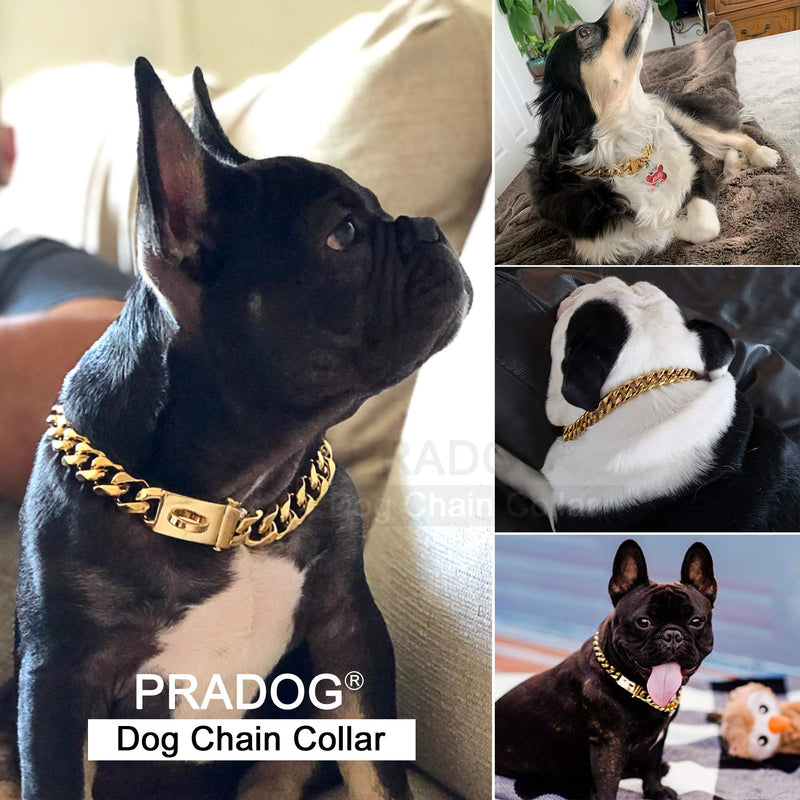 PRADOG Gold Chain Dog Collar Designer Dog Cuban Link Chain Collar with Safty Design Buckle 15MM Metal Stainless Steel Walking Collars (12 to 26in) 18" ( Fits Neck 16" to 17.5") - BeesActive Australia