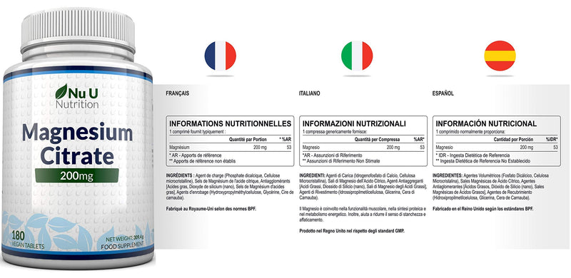 Magnesium Citrate 200mg | 180 Tablets for 6 Month Supply of Magnesium Tablets | Made in The UK by Nu U Nutrition - BeesActive Australia