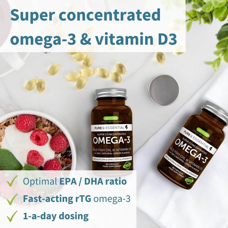 Omega-3 Wild Fish Oil & Vitamin D3 1000IU, 1-a-Day, Highly Concentrated EPA & DHA, Fast-Acting rTG, Natural Lemon Flavour, 60 Softgels, by Igennus - BeesActive Australia