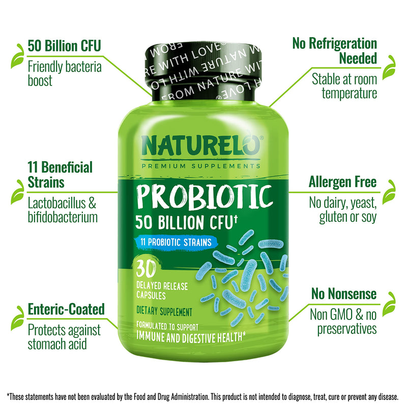 NATURELO Probiotic - Ultra Strength - 50 Billion CFU - 11 Lacto & Bifido Strains - One Daily - Gut-Friendly Bacteria - No Refrigeration Needed - 30 Vegan Capsules | 1 Month Supply 30 Count (Pack of 1) - BeesActive Australia