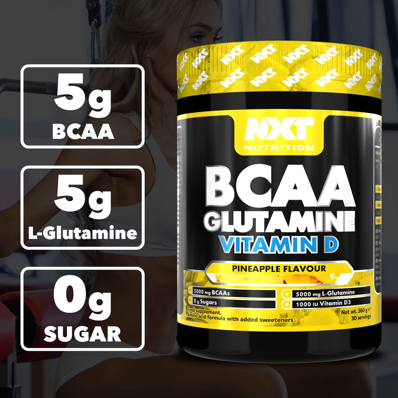 NXT Nutrition BCAA, Glutamine & Vitamin D | BCAAs Amino Acids with Vitamin D3 and L-Glutamine - for Recovery, Gut Health and Muscle Protein Synthesis | 360g - 30 Servings (Pineapple) - BeesActive Australia