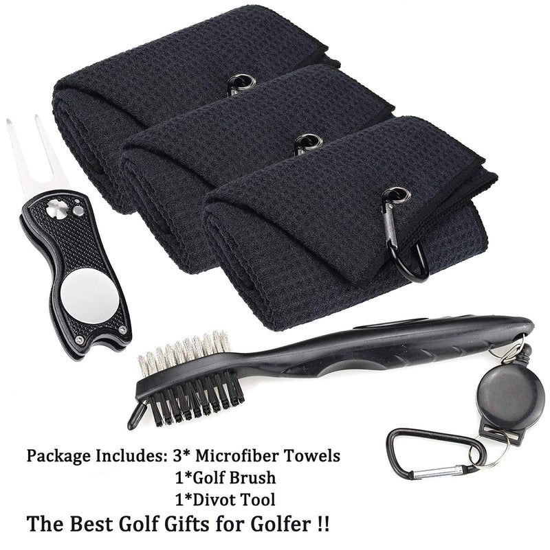 ToVii Golf Towel Microfiber Waffle Pattern Club Groove Cleaner Brush Foldable Divot Tool with Magnetic Golf Gifts Accessories Set Black - BeesActive Australia