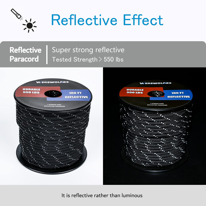 WEREWOLVES Reflective 550 Paracord - 100% Nylon, Rope Roller, 7 Strand Utility Parachute Cord for Camping Tent, Outdoor Packaging (Reflective Black, 1.8mm 100Feet) Reflective Black 1.8mm - 3 strand - 100FT - BeesActive Australia