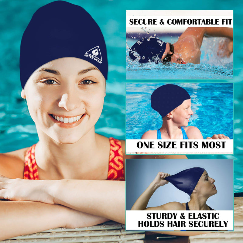 Water Gear Silicone Adult Swim Cap - Flexible Unisex Waterproof - Great for Short and Long Hair - Improve Your Performance - Women Men and Teens -Triathlon Swimmers and Athletes Navy - BeesActive Australia