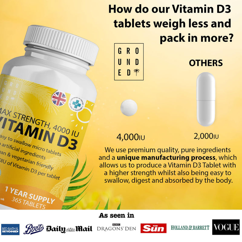 Vitamin D3 4000 IU Micro Tablets - 365 Day Supply, Easy to Swallow High Strength Premium Sunshine Vitamin | Max Strength Vitamin D Supplement, Vegetarian & Vegan Friendly, Made in UK by Grounded - BeesActive Australia