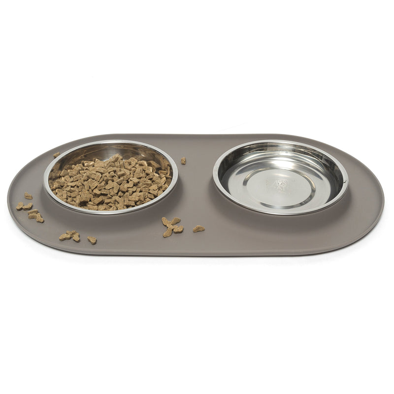 Messy Cats Double Silicone Feeder with Stainless Saucer Shaped Bowl | Anti-Slip Non-Skid Cat Food Bowls | Two Cat Bowls in Feeding/Water Station Grey - BeesActive Australia