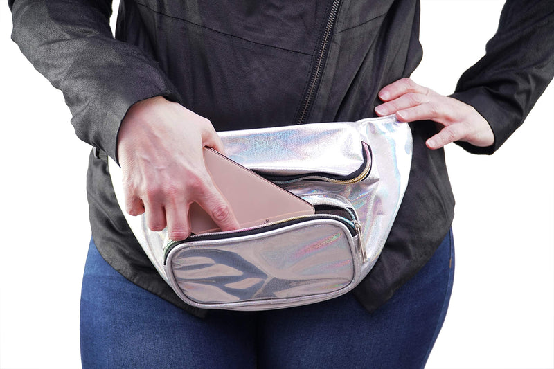 Home-X Holographic Fanny Pack-Cute Waist Bags with Adjustable Belt for Rave, Festival- Silver Sparkle Fanny Pack, Running Belt, Waterproof Bum Bag with Pockets - BeesActive Australia