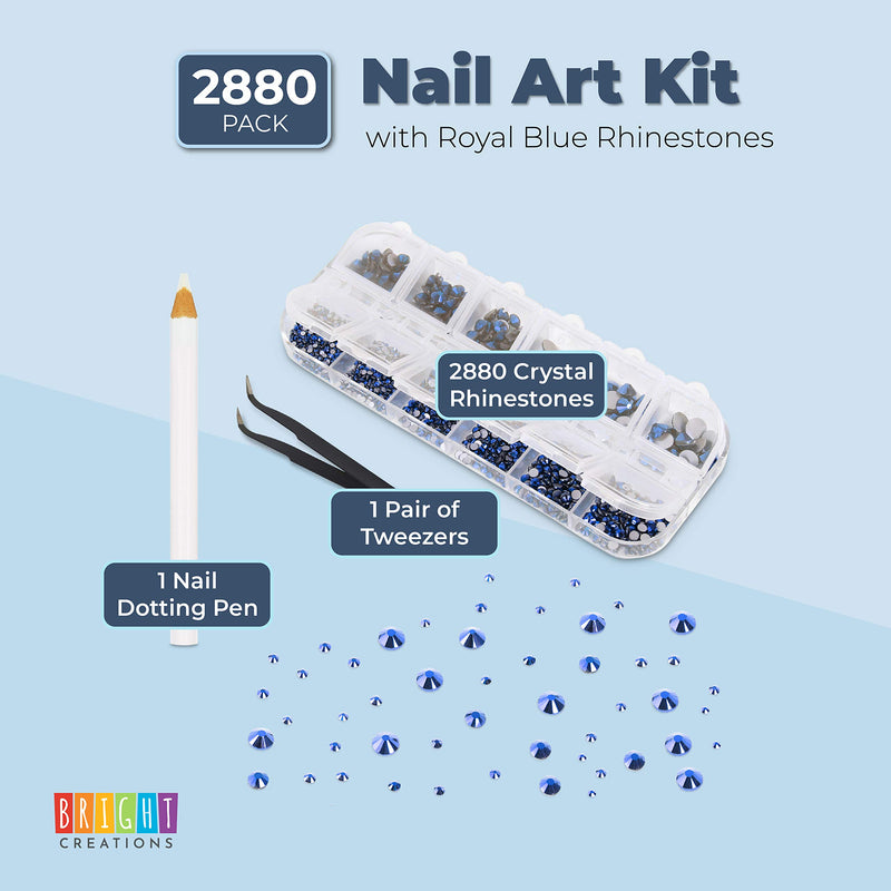 Acrylic Nail Art Kit with Royal Blue Rhinestone Gems, Dotting Pen, Tweezers (2880 Pieces) - BeesActive Australia